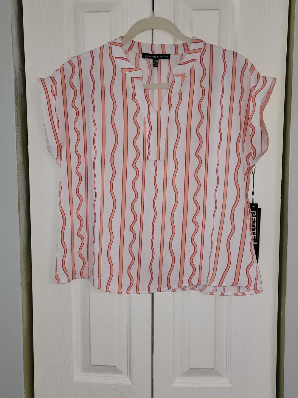 Summer Ready Notch-Neck Short Sleeve Blouse in Coral Stripe and White Petite M